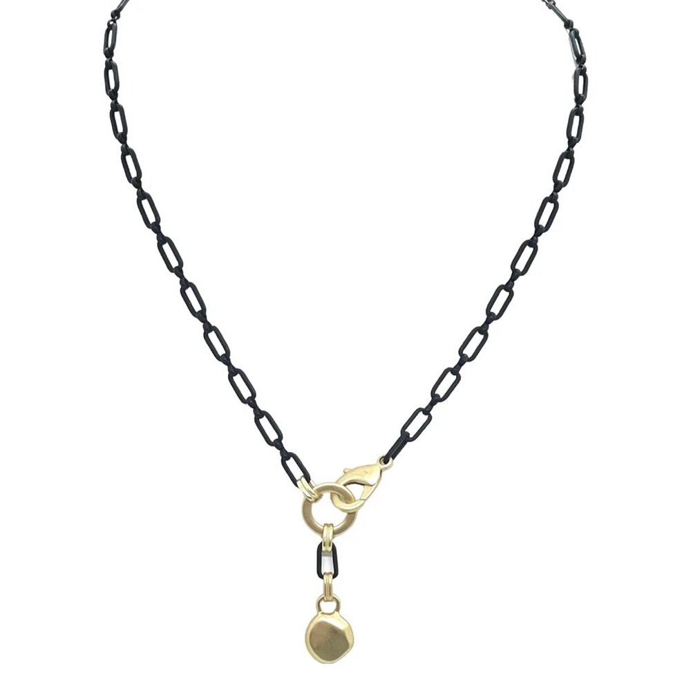 Deborah Grivas MATTE BLACK PAPERCLIP CHAIN NECKLACE WITH GOLD NUGGET PENDANT